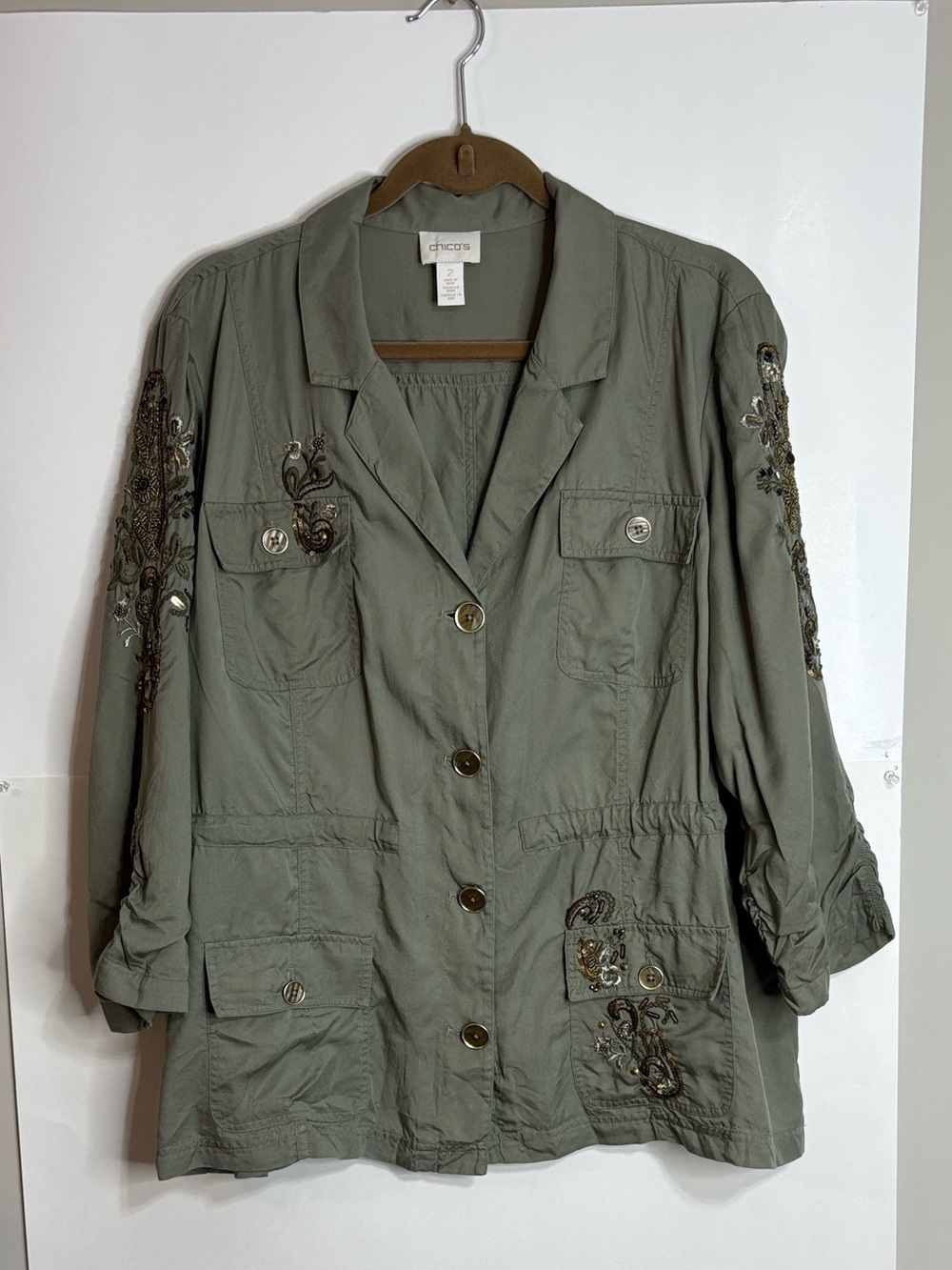 Chico’s Olive Utility Jacket Embroidered Accents Button Up Size 2